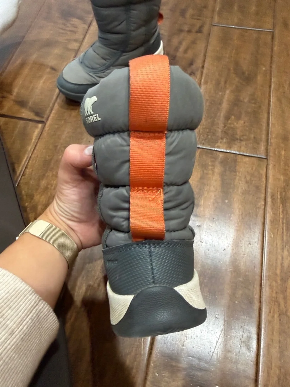 Sorel Kids Gray Winter Boots with Orange Pull Tabs